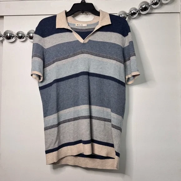Marine Layer Liam Sweater Polo in Blue Multi Striped Shirt - Picture 4 of 8